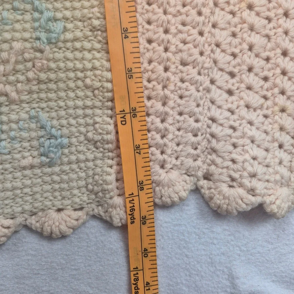 Vintage Handmade WOOL Crochet Baby Blanket Cream Scalloped Edge Embroidered Crib